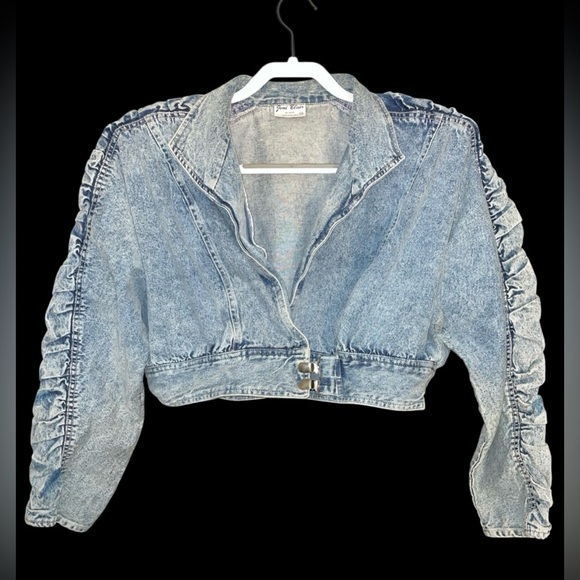 Vintage 80s Joni Blair Ruched Sleeve Cropped Denim Jacket - Picture 1 of 9